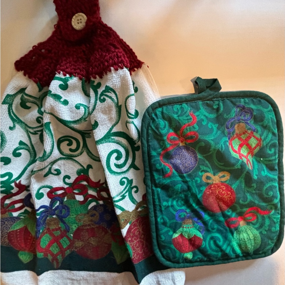 Christmas Kitchen  Towel with Hand Crochet top to Hang with a Pot Holder Set